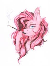 Size: 784x1020 | Tagged: safe, artist:scootiegp, oc, oc only, oc:scarlett blade, pegasus, pony, bust, cigarette, cigarette holder, commission, female, mare, portrait, smoking, solo, traditional art