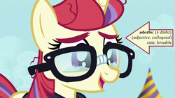 Size: 1280x720 | Tagged: safe, edit, edited screencap, editor:korora, screencap, moondancer, pony, unicorn, amending fences, g4, arrow, canterlot, captain obvious, cute, dancerbetes, definition, female, glasses, international phonetic alphabet, mare, solo, teary eyes