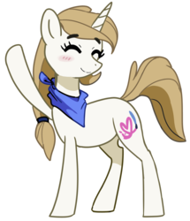 Size: 1033x1200 | Tagged: safe, artist:nightmare fuel, derpibooru exclusive, oc, oc only, oc:paint brush, pony, unicorn, 2020 community collab, derpibooru community collaboration, blush sticker, blushing, eyes closed, female, mare, neckerchief, simple background, smiling, solo, transparent background, waving