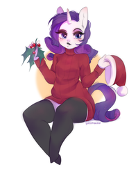 Size: 3252x4093 | Tagged: safe, artist:yukomaussi, rarity, unicorn, anthro, unguligrade anthro, g4, christmas, clothes, female, hat, holiday, holly, looking at you, mare, santa hat, solo, stockings, sweater, thigh highs, zettai ryouiki