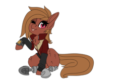 Size: 1920x1200 | Tagged: safe, artist:brainiac, derpibooru exclusive, oc, oc only, oc:gear box, earth pony, pony, 2020 community collab, derpibooru community collaboration, amputee, bottomless, clothes, coat, female, partial nudity, prosthetic limb, prosthetics, simple background, sitting, solo, tongue out, transparent background