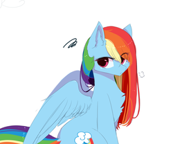 Size: 1200x1000 | Tagged: source needed, safe, artist:heddopen, rainbow dash, pegasus, pony, g4, chest fluff, cute, ear fluff, female, long mane, looking at you, sigh, simple background, solo, white background, wings