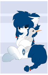 Size: 1752x2696 | Tagged: dead source, safe, artist:php146, oc, oc only, oc:late winter, oc:louisiana, bird, earth pony, pony, unicorn, vanillaswirl6's state ponies, albino, blind, chest fluff, ear fluff, eye clipping through hair, female, heterochromia, magic, ponified, telekinesis, walking stick