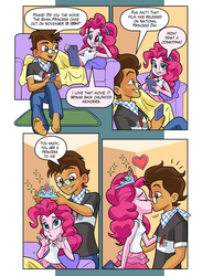 Size: 1976x2554 | Tagged: source needed, safe, artist:art-2u, pinkie pie, oc, oc:copper plume, equestria girls, g4, canon x oc, cellphone, comic, commission, copperpie, couch, dialogue, female, grammar error, jewelry, kissing, male, phone, romantic, shipping, smartphone, straight, tablet, tiara