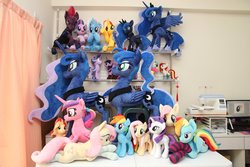 Size: 4096x2731 | Tagged: safe, artist:nekokevin, fluttershy, princess cadance, princess luna, rainbow dash, rarity, starlight glimmer, sunset shimmer, tempest shadow, trixie, twilight sparkle, oc, oc:golden gates, oc:poniko, alicorn, earth pony, pegasus, pony, unicorn, series:nekokevin's glimmy, g4, 4de, broken horn, calendar of lunas, clothes, eye scar, female, hoof shoes, horn, irl, jewelry, lidded eyes, life size, looking at each other, lying down, mare, multeity, open mouth, peytral, photo, plushie, raised hoof, regalia, scar, self ponidox, sewing machine, shrunken pupils, sitting, size difference, smiling, socks, spread wings, striped socks, twilight sparkle (alicorn), underhoof, wings
