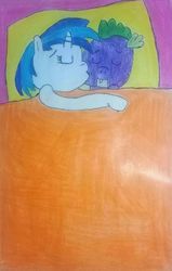 Size: 459x720 | Tagged: safe, dj pon-3, spike, vinyl scratch, g4, bed, cheek kiss, female, kissing, male, shipping, straight, traditional art, vinylspike