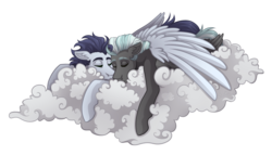 Size: 3500x2000 | Tagged: safe, artist:monnarcha, soarin', thunderlane, pegasus, pony, g4, cloud, floppy ears, gay, high res, male, prone, shipping, simple background, sleeping, soarilane, stallion, transparent background, wing blanket