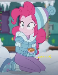 Size: 304x389 | Tagged: safe, artist:thedarkpony, edit, edited screencap, screencap, pinkie pie, equestria girls, equestria girls series, g4, holidays unwrapped, spoiler:eqg series (season 2), clothes, cropped, female, implied pissing, implied urine, implied wetting, onomatopoeia, pee edit, solo, winter outfit