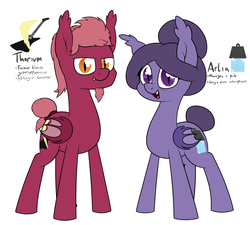 Size: 2801x2521 | Tagged: safe, artist:moonatik, oc, oc only, oc:arlia, oc:thorium, bat pony, bat pony oc, cutie mark, electric guitar, female, guitar, hair bun, high res, husband and wife, ice cube, male, musical instrument, old, pun, reference sheet, simple background, tail bun, visual pun, weight