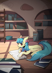 Size: 1428x2000 | Tagged: safe, artist:貂小明, oc, oc only, oc:lrivulet, oc:zoran, oc:左岸, pegasus, pony, book, bow, bowtie, commission, cute, female, golden oaks library, hair bow, lying down, mare, missing cutie mark, prone, reading, solo, wallpaper