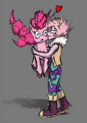 Size: 752x1063 | Tagged: safe, artist:lizardwithhat, pinkie pie, earth pony, human, g4, blushing, crossover, crossover shipping, kissing, mina ashido, my hero academia, shipping, simple background
