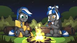 Size: 1192x670 | Tagged: safe, artist:mysticalpha, oc, oc only, oc:cloud zapper, oc:midnight rush, bat pony, pegasus, pony, armor, basket, bat pony oc, bat wings, campfire, duo, female, food, forest, male, mare, muffin, picnic, picnic basket, royal guard, royal guard armor, stallion, wings
