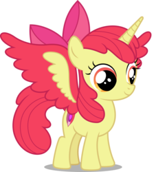 Size: 687x766 | Tagged: safe, artist:fruft, apple bloom, alicorn, pony, g4, alicornified, bloomicorn, colored wings, female, filly, race swap, request, simple background, solo, spread wings, transparent background, wings