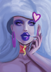 Size: 1448x2048 | Tagged: safe, artist:annon, trixie, human, g4, bimbo, bimbo trixie, bust, choker, eyeshadow, female, hairpin, hand on face, head only, hooped earrings, humanized, lipstick, long nails, makeup, portrait, purple eyeshadow, purple lipstick, solo