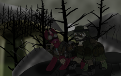 Size: 4000x2500 | Tagged: safe, artist:devorierdeos, oc, oc only, earth pony, pony, fallout equestria, beard, dead tree, duo, facial hair, goggles, gun, hooves, knife, male, open mouth, raider, stallion, tree, weapon