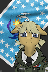 Size: 2000x3000 | Tagged: safe, artist:devorierdeos, oc, oc only, oc:oasis (shino), earth pony, pony, clothes, female, flag of equestria, floppy ears, high res, looking at you, mare, military, smiling, solo, uniform