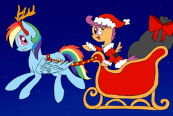 Size: 1500x1000 | Tagged: safe, artist:yourfavoritelove, rainbow dash, scootaloo, pegasus, pony, g4, animal costume, antlers, bag, christmas, clothes, costume, duo, female, flying, hat, holiday, reindeer antlers, reindeer costume, reindeer dash, santa costume, santa hat, sleigh