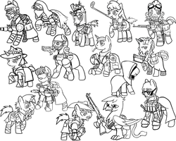 Size: 5000x4000 | Tagged: safe, artist:devorierdeos, oc, oc only, earth pony, griffon, pony, unicorn, fallout equestria, armor, assault rifle, beard, black and white, cape, chains, cloak, clothes, energy weapon, facial hair, fanfic, fanfic art, female, fluttershy medical saddlebag, goggles, grayscale, gun, handgun, helmet, hooves, horn, laser rifle, magical energy weapon, male, mare, medical saddlebag, monochrome, moustache, mouth hold, open mouth, pistol, power armor, raider, raised hoof, rifle, saddle bag, sheriff, sheriff star, simple background, smiling, smoking, stallion, sunglasses, weapon, white background, zebra rifle