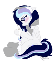 Size: 1024x1366 | Tagged: safe, artist:starletnightwind, oc, oc:starlet nightwind, pegasus, pony, belly, belly button, blushing, boots, clothes, cute, earmuffs, female, hoof on belly, looking at belly, looking down, mare, mug, pegasus oc, pregnant, scarf, shoes, simple background, sitting, white background