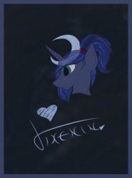 Size: 1088x1472 | Tagged: safe, artist:vixenin, princess luna, pony, g4, hair tie, heart, moon, ponytail, signature, simple background