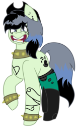 Size: 705x1134 | Tagged: safe, artist:calibykitty, oc, oc only, oc:southern gothic, earth pony, pony, icey-verse, angry, boots, choker, clothes, cowboy boots, cowboy hat, ear piercing, earring, female, hat, jewelry, looking at you, magical lesbian spawn, mare, multicolored hair, offspring, parent:beauty brass, parent:fiddlesticks, parents:fiddlebrass, piercing, shoes, simple background, socks, solo, spiked choker, spiked wristband, stockings, tattoo, thigh highs, torn clothes, transparent background, wristband