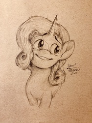 Size: 3024x4032 | Tagged: safe, artist:rigbyh00ves, rarity, pony, unicorn, g4, bust, cute, female, looking away, looking sideways, looking up, mare, monochrome, portrait, raribetes, smiling, solo, stray strand, traditional art