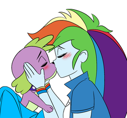 Size: 1400x1300 | Tagged: safe, artist:php137, rainbow dash, spike, dog, human, equestria girls, g4, backpack, bestiality, blushing, duo, eyes closed, female, fetish, holding head, interspecies, kiss on the lips, kissing, male, ship:rainbowspike, shipping, simple background, spike gets all the equestria girls, spike the dog, straight, white background, zoophilia