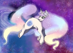 Size: 5800x4200 | Tagged: safe, artist:sugar lollipop, oc, oc only, oc:purple galaxia, pony, unicorn, complex background, cute, ear fluff, female, floating, full body, galaxy, glowing hair, horn, looking back, mare, original character do not steal, outdoors, pastel, solo, unicorn oc