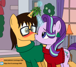 Size: 2433x2137 | Tagged: safe, artist:eagc7, starlight glimmer, oc, oc:brandon, pony, unicorn, g4, blushing, branglimmer, canon x oc, clothes, commission, duo, ear piercing, earring, female, glasses, high res, jewelry, kiss on the lips, kissing, kissy face, ko-fi, lidded eyes, male, mare, mistletoe, patreon, piercing, shipping, stallion, straight, surprise kiss, sweater