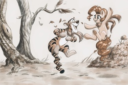 Size: 9000x6000 | Tagged: safe, artist:faline-art, pinkie pie, big cat, earth pony, pony, tiger, g4, absurd resolution, armpits, autumn, clothes, crossover, female, jumping, looking at each other, male, mare, open mouth, outdoors, scarf, sepia, smiling, tail stand, tigger, winnie the pooh