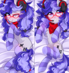 Size: 1442x1518 | Tagged: safe, artist:whiteliar, oc, oc only, oc:cinnabyte, earth pony, pony, :p, adorkable, bandana, body pillow, body pillow design, chest fluff, cinnabetes, clothes, cute, dork, female, gaming headset, glasses, headphones, headset, mare, meganekko, ocbetes, pigtails, shy, silly, socks, solo, stockings, striped socks, thigh highs, tongue out