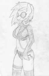 Size: 1656x2521 | Tagged: safe, artist:fluor1te, dj pon-3, vinyl scratch, unicorn, anthro, g4, big breasts, breasts, busty vinyl scratch, clothes, female, fishnet stockings, glasses, headphones, leather, monochrome, pencil drawing, sketch, socks, solo, straps, sunglasses, thigh highs, traditional art