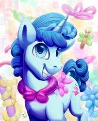 Size: 2000x2475 | Tagged: safe, artist:tsitra360, brian, party favor, pony, unicorn, balloon, balloon animal, cutie mark, grin, looking at you, male, smiling, solo, stallion