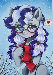 Size: 2337x3310 | Tagged: safe, artist:manekoart, oc, oc only, oc:cinnabyte, earth pony, pony, g4, adorkable, blushing, cinnabetes, clothes, cute, dork, ear fluff, female, glasses, heart, high res, looking at you, mare, meganekko, outdoors, pictogram, pigtails, scarf, smiling, snow, snowfall, solo, speech bubble, tree