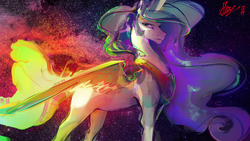 Size: 3000x1688 | Tagged: safe, artist:alumx, princess celestia, alicorn, pony, g4, digital art, female, frown, high res, looking back, mare, signature, solo, space, wallpaper