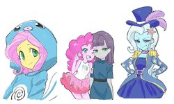 Size: 1200x721 | Tagged: safe, artist:5mmumm5, fluttershy, maud pie, pinkie pie, trixie, poliwag, equestria girls, g4, anime, clothes, costume, crossover, cute, dress, epaulettes, feather, female, hand on hip, hat, kigurumi, one eye closed, open mouth, peace sign, pokémon, siblings, sisters, wink