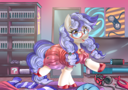 Size: 5000x3500 | Tagged: safe, artist:ask-colorsound, oc, oc only, oc:cinnabyte, earth pony, pony, absurd resolution, adorkable, bandana, cinnabetes, clothes, cute, dork, dress, female, game cartridge, glasses, headset, looking at you, mare, meganekko, mirror, nintendo switch, pigtails, poster, room, socks, solo, striped socks