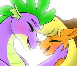 Size: 2698x2309 | Tagged: safe, artist:bella-pink-savage, applejack, spike, dragon, pony, g4, blushing, bust, cute, eyes closed, female, hand on cheek, high res, jackabetes, male, older, older spike, open mouth, portrait, profile, ship:applespike, shipping, simple background, spikabetes, straight, white background