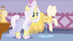 Size: 800x450 | Tagged: safe, screencap, lily lace, pony, unicorn, g4, honest apple, animated, carousel boutique, clothes, dress, female, gif, hoof shoes, mannequin, raised hoof, solo