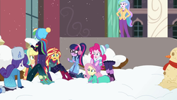 Size: 1920x1080 | Tagged: safe, screencap, applejack, fluttershy, pinkie pie, princess celestia, principal celestia, rainbow dash, rarity, sci-twi, sunset shimmer, twilight sparkle, blizzard or bust, equestria girls, equestria girls series, g4, holidays unwrapped, spoiler:eqg series (season 2), angry, boots, bracelet, brooch, canterlot high, carrot, caught, celestia is not amused, clothes, cutie mark accessory, cutie mark brooch, earmuffs, fake snow, female, fluttershy's winter hat, food, hat, humane five, humane seven, humane six, imminent detention, jacket, jewelry, looking through the window, mashed potato snowman, mashed potatoes, oh crap face, outdoors, potato, rarity's winter hat, shoes, this will end in detention, toque, unamused, ushanka, watch, winter hat, winter outfit, wristwatch