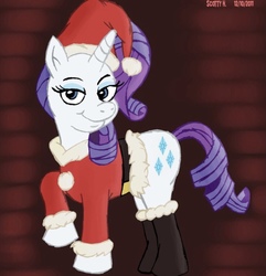 Size: 739x767 | Tagged: safe, artist:scobionicle99, rarity, pony, unicorn, g4, boots, christmas, clothes, costume, female, hat, holiday, mare, santa costume, santa hat, shoes, solo