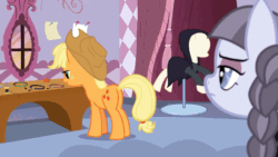 Size: 800x450 | Tagged: safe, screencap, applejack, inky rose, earth pony, pegasus, pony, g4, honest apple, animated, butt, carousel boutique, choker, cute, female, gif, jackabetes, mannequin, mouth hold, out of context, plot