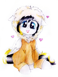 Size: 2322x3096 | Tagged: safe, artist:liaaqila, oc, oc only, oc:rory gigabyte, eevee, pegasus, pony, clothes, costume, glasses, halloween, halloween costume, heart, high res, male, pokémon, simple background, smiling, solo, stallion, traditional art, white background