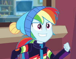 Size: 1208x949 | Tagged: safe, screencap, rainbow dash, blizzard or bust, equestria girls, equestria girls series, holidays unwrapped, spoiler:eqg series (season 2), canterlot high, celestia's office, clothes, computer, cropped, female, grin, jacket, smiling, solo, toque, windowsill, winter hat, winter jacket, winter outfit