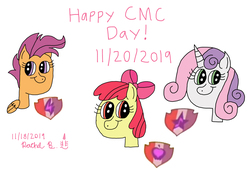 Size: 2888x1977 | Tagged: safe, artist:royalsmurf, artist:smurfettyblue, apple bloom, scootaloo, sweetie belle, earth pony, pegasus, pony, unicorn, g4, cmc day, cutie mark, cutie mark crusader day, cutie mark crusaders, female, filly, older, older apple bloom, older cmc, older scootaloo, older sweetie belle, pink text, signature, simple background, the cmc's cutie marks, white background