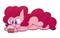Size: 3600x2300 | Tagged: safe, artist:packy paca, pinkie pie, earth pony, pony, g4, colored pupils, cupcake, cute, diapinkes, female, food, high res, lying down, mare, simple background, solo, transparent background