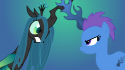 Size: 1920x1080 | Tagged: safe, artist:hybrid-changling, queen chrysalis, oc, oc:overcast vesper, changeling, changeling queen, earth pony, pony, g4, angry, cutie mark background, duo, female, frown, gradient background, gritted teeth, mare