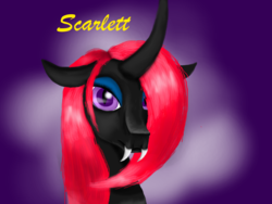 Size: 1600x1200 | Tagged: safe, artist:auroraswirls, oc, oc only, oc:scarlett moon, changeling, abstract background, bust, changeling oc, curved horn, fangs, hair over one eye, horn, palindrome get, solo, text