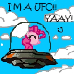 Size: 800x800 | Tagged: safe, artist:fizzyrox, pinkie pie, earth pony, pony, g4, cloud, eyes closed, female, flying, mare, smiling, solo, speech, ufo