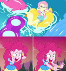 Size: 1119x1210 | Tagged: safe, fluttershy, pinkie pie, human, equestria girls, equestria girls series, g4, i'm on a yacht, sunset's backstage pass!, spoiler:eqg series (season 2), barefoot, clothes, excited, feet, female, flutterbeautiful, flutterfeet, legs, lesbian, sexy, ship:flutterpie, shipping, tongue out, wiggling toes